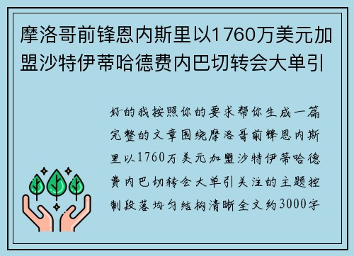 摩洛哥前锋恩内斯里以1760万美元加盟沙特伊蒂哈德费内巴切转会大单引关注
